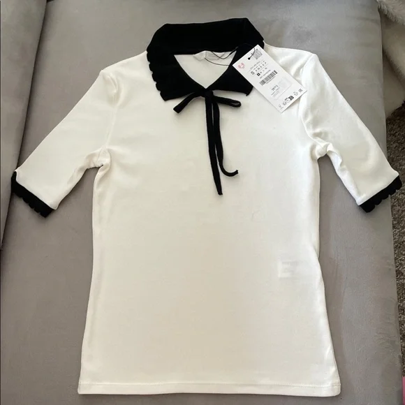 Zara Women's White Tee with Black Collar and Bow - Picture 2 of 6